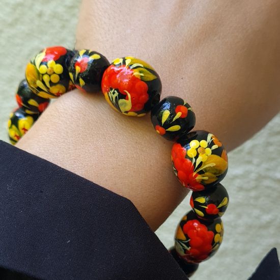 Wooden bracelet with flower ornament, hand made folk fashion wooden jewelry
