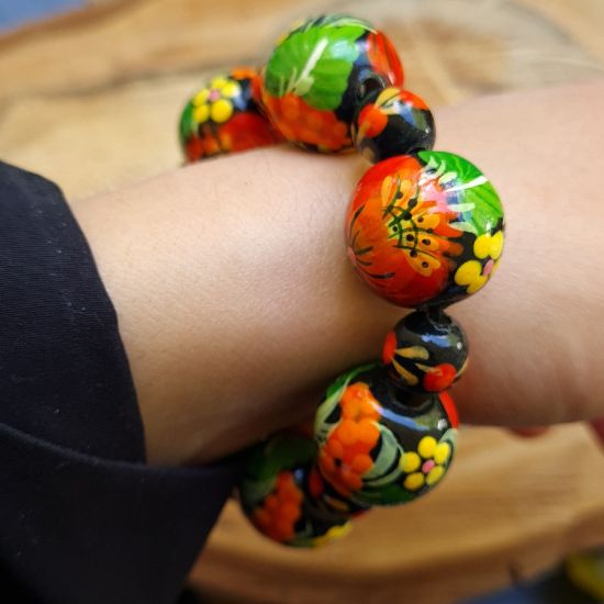 Wooden beaded bracelet, ukrainian folk style