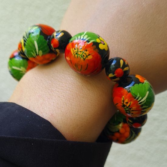 Wooden bracelet with flower ornament, hand made folk fashion wooden jewelry