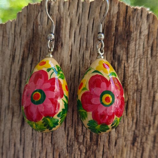 Wooden painted earrings - drops with pink flowers - Ukrainian Art