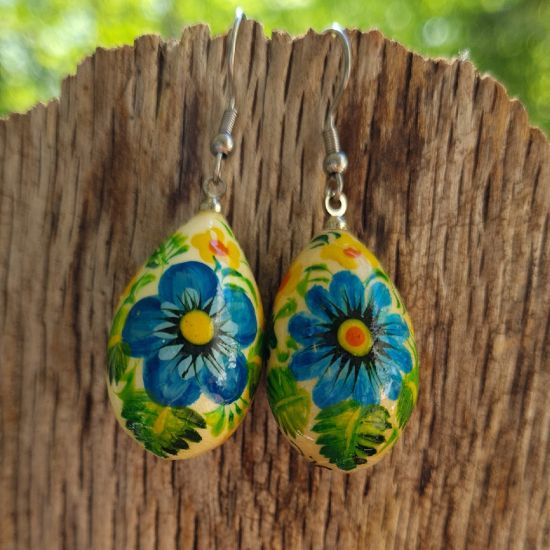 Wooden painted earrings - drops with flowers ornamets - Ukrainian Art