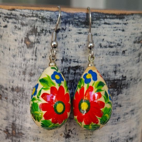 Wooden painted earrings - drops with red flowers - Ukrainian Art