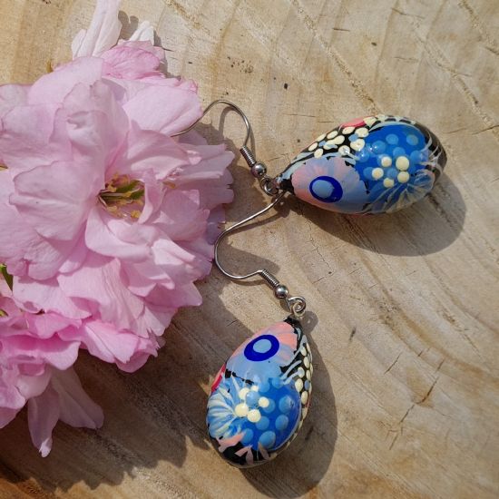 Wooden painted earrings - drops with pink and blue flowers - Ukrainian Art