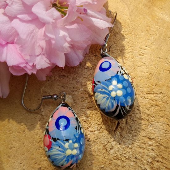 Wooden painted earrings - drops with pink and blue flowers - Ukrainian Art