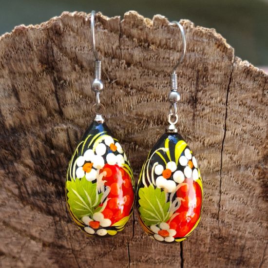 Folk-style hand painted  wooden earrings, Ukrainian original style