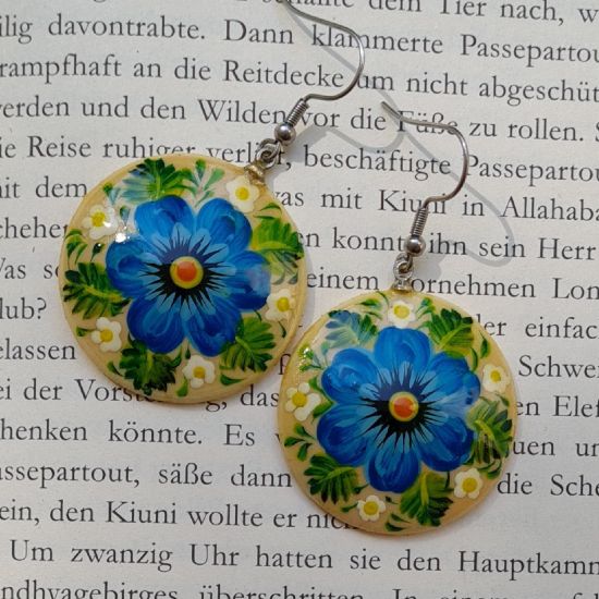 Round wooden Earrings with blue flowers, hand painted Folk fashion ukrainian style