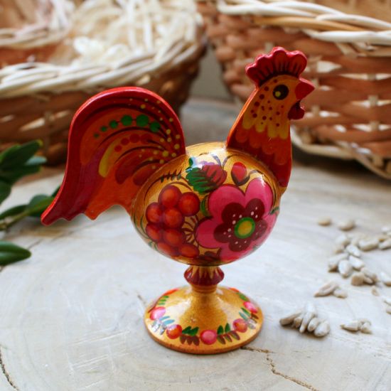 Gold rooster wooden decoration- Ukrainian Petrykivka painting
