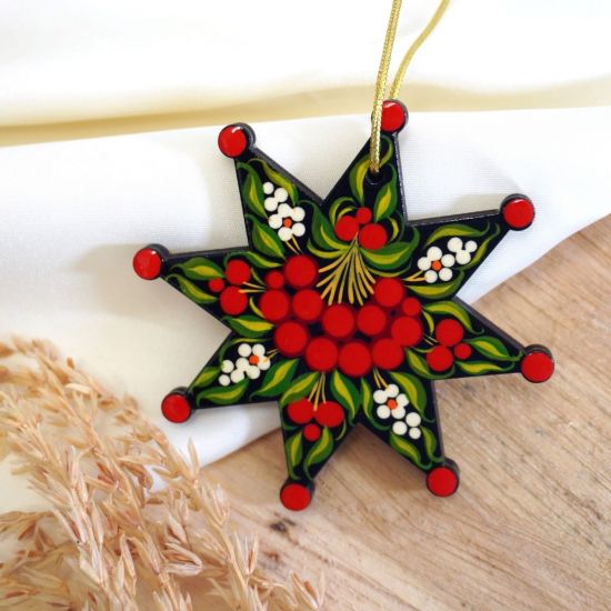 Christmas star, tree decoration, hand painting Petrykivka